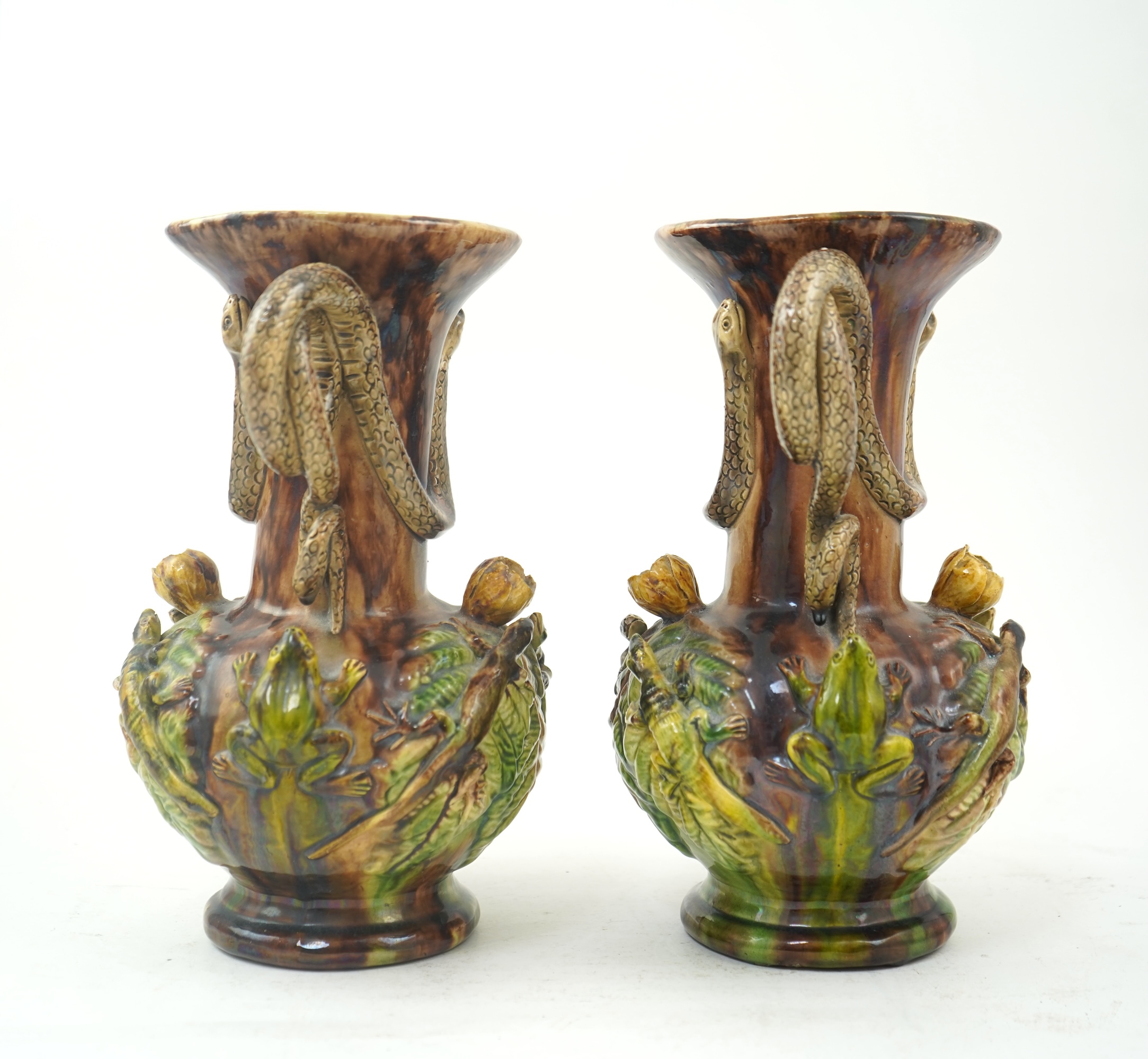 A pair of Palissy ware two handled vases, by Mafra Caldas Da Rainha, late 19th century